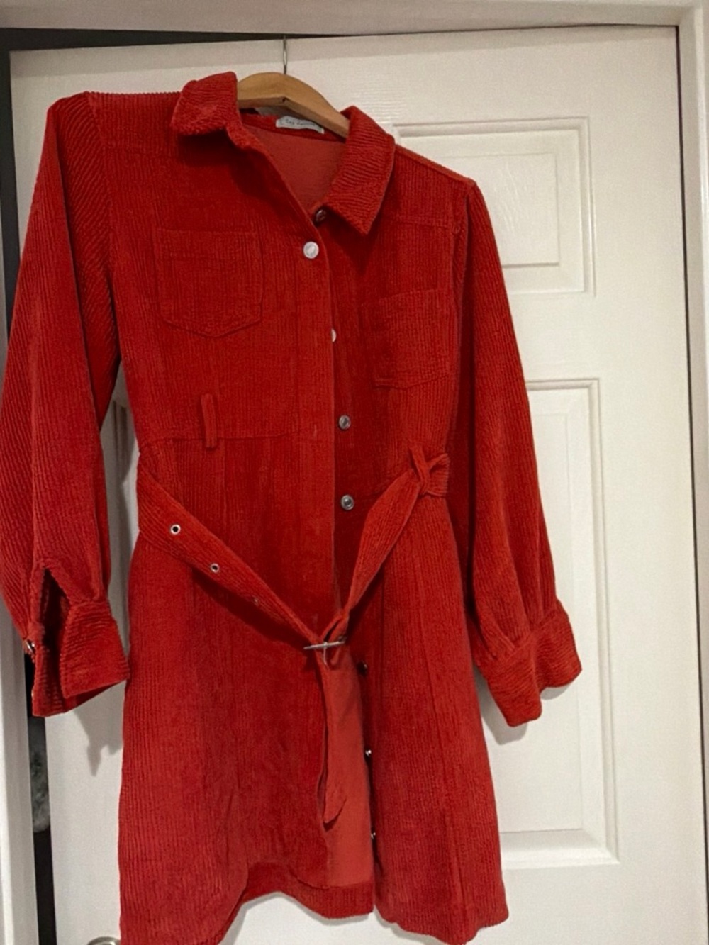Ces Femme Brick Red Corduroy Shirt Dress with Matching Belt